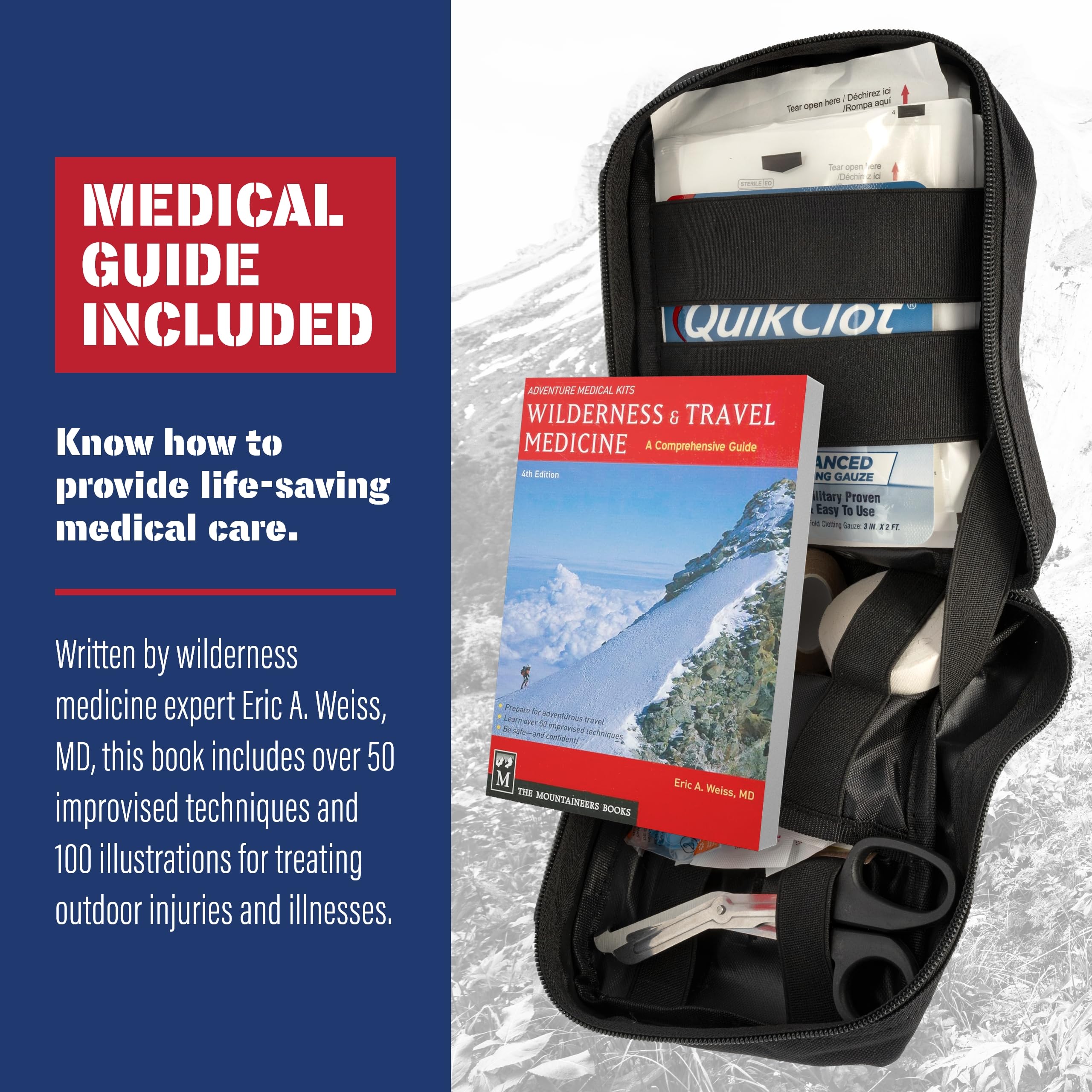 Adventure Medical Kits QuikClot gauze closeup highlighting fast clotting support