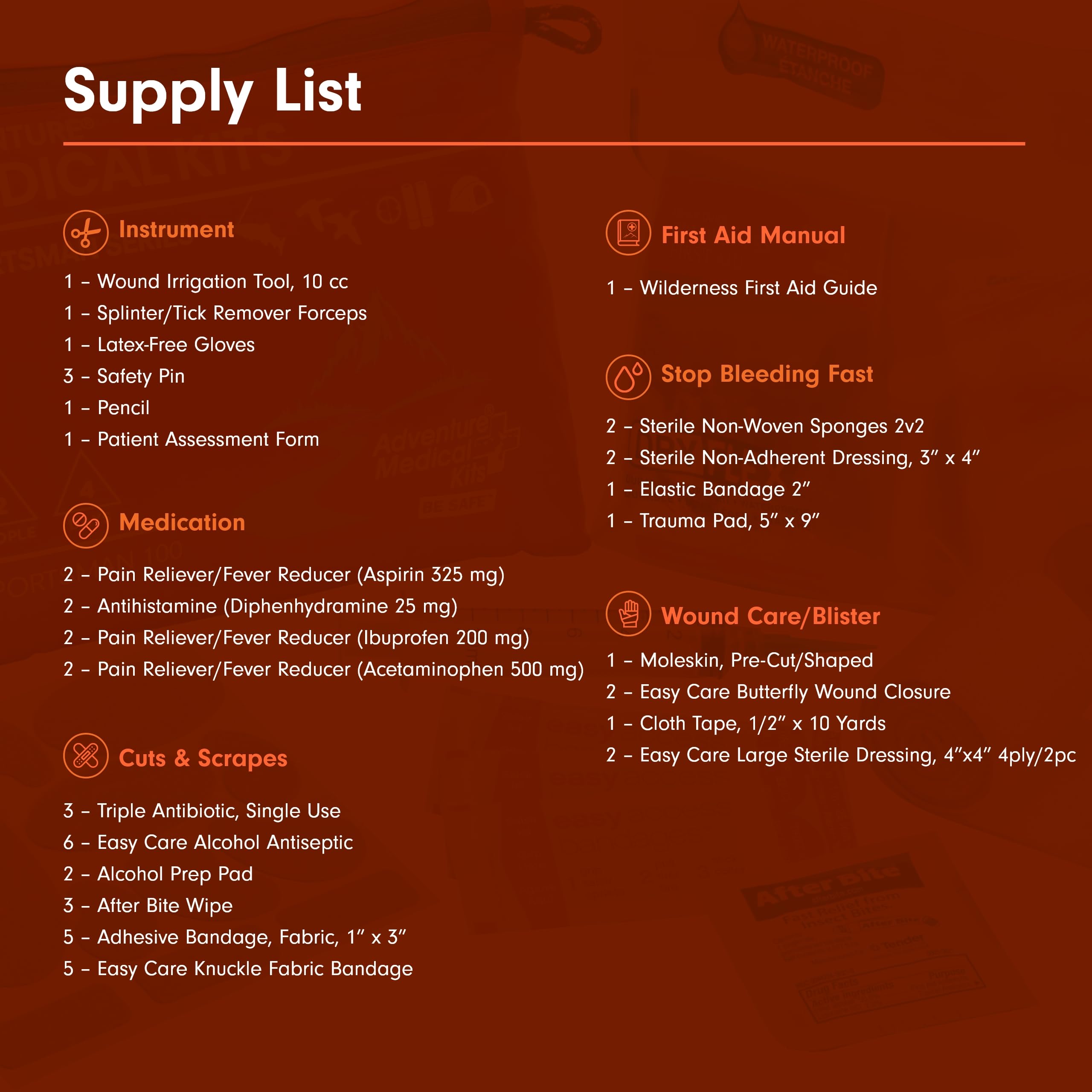 Sportsman 100 trauma supplies, essential bleeding control for outdoor emergencies.