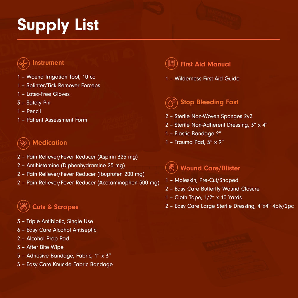 Sportsman 100 trauma supplies, essential bleeding control for outdoor emergencies.