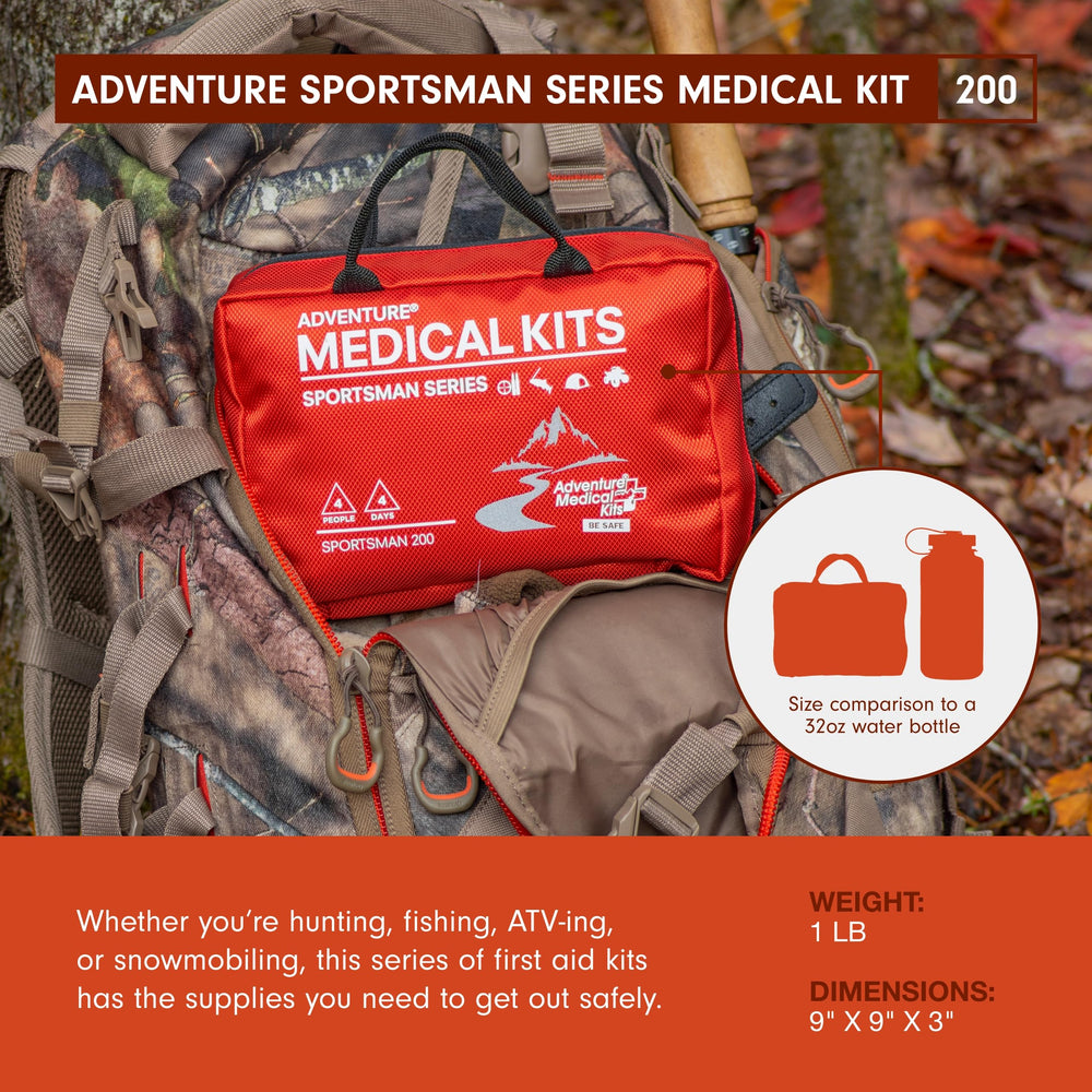 Adventure Medical Kits Sportsman 200 organization system emphasizes Easy Care layout for rapid retrieval.