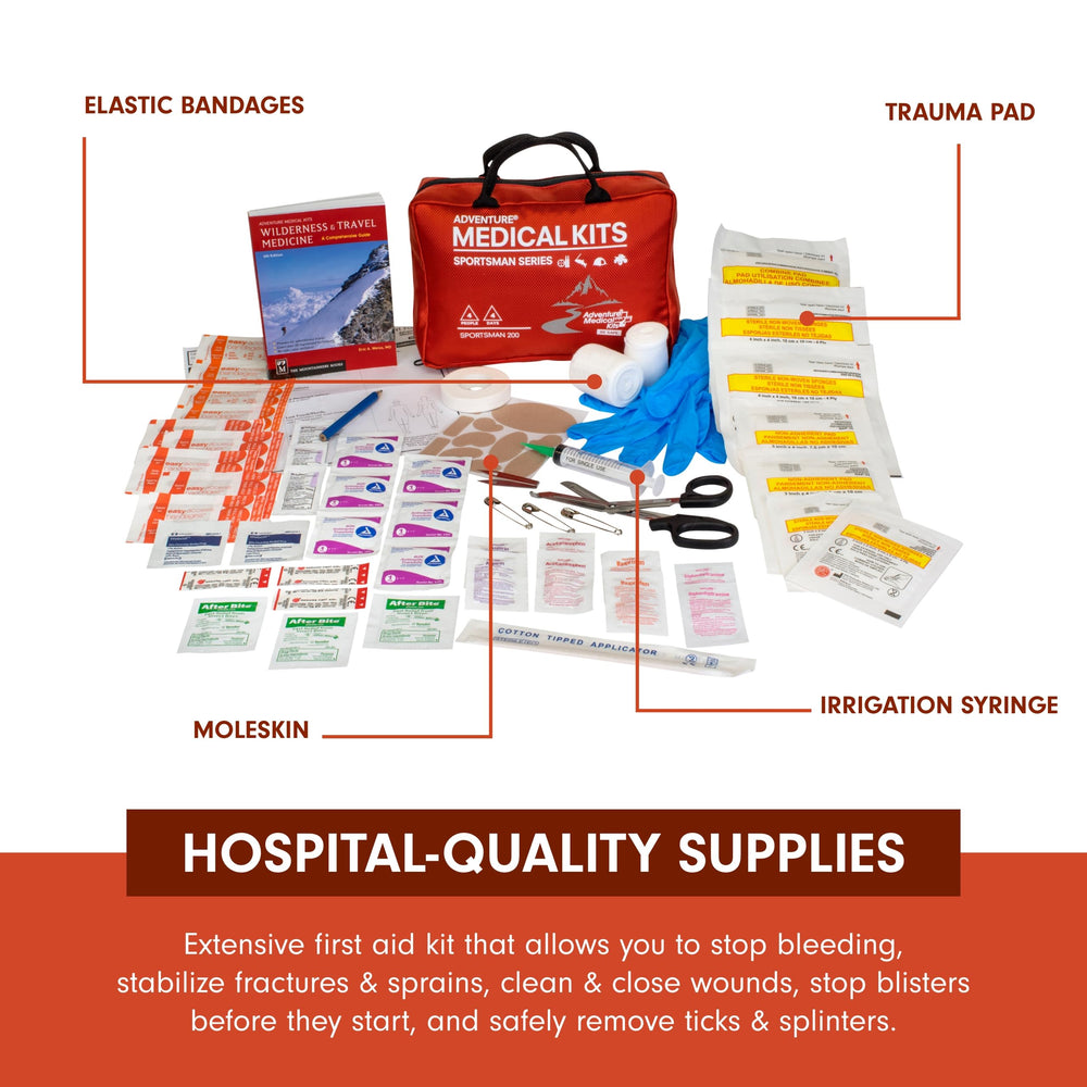 Adventure Medical Kits Sportsman 200 trauma supplies panel shows essential bleeding-control tools.
