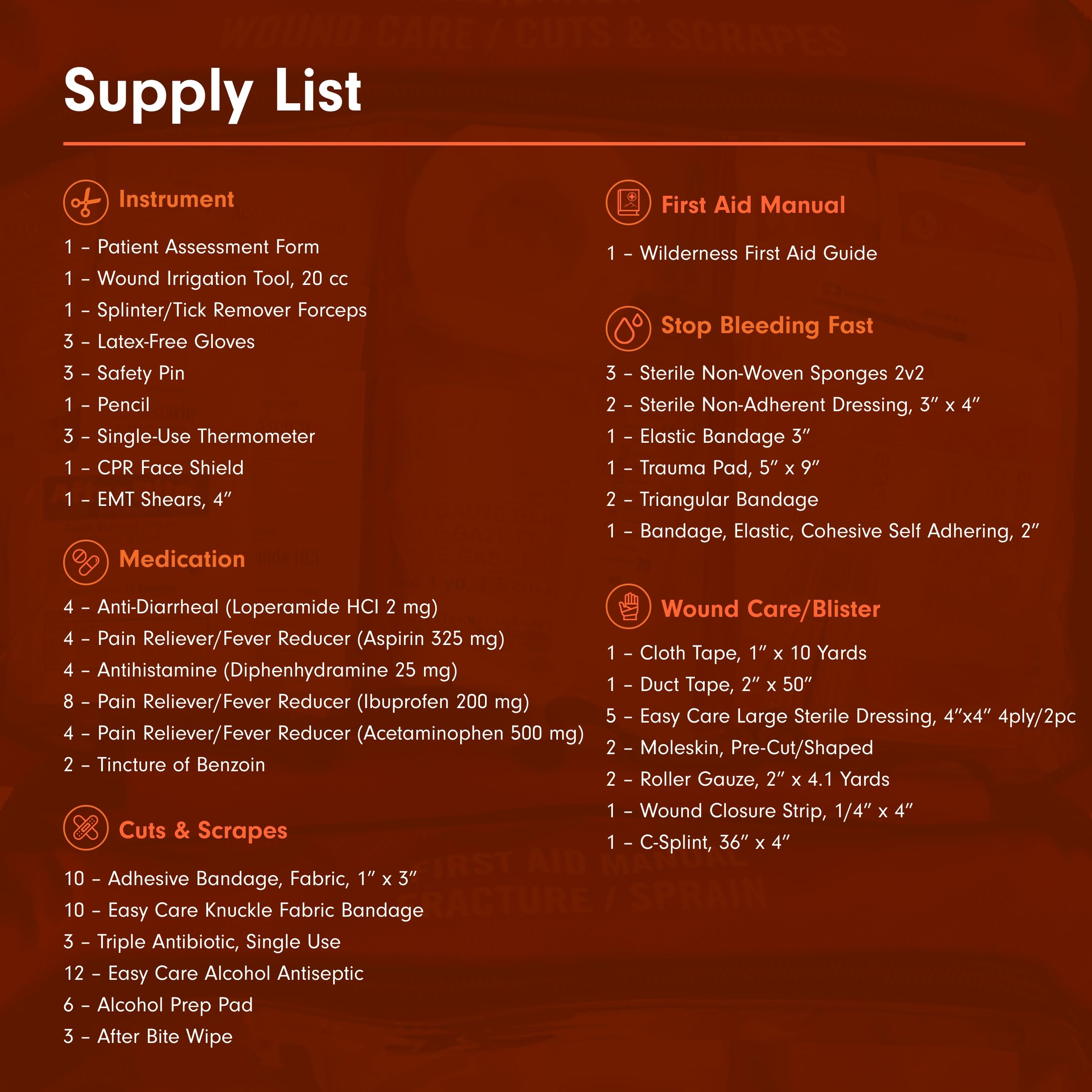 Bandages and instruments inside Sportsman 400 illustrate essential medical gear for outdoor trips.