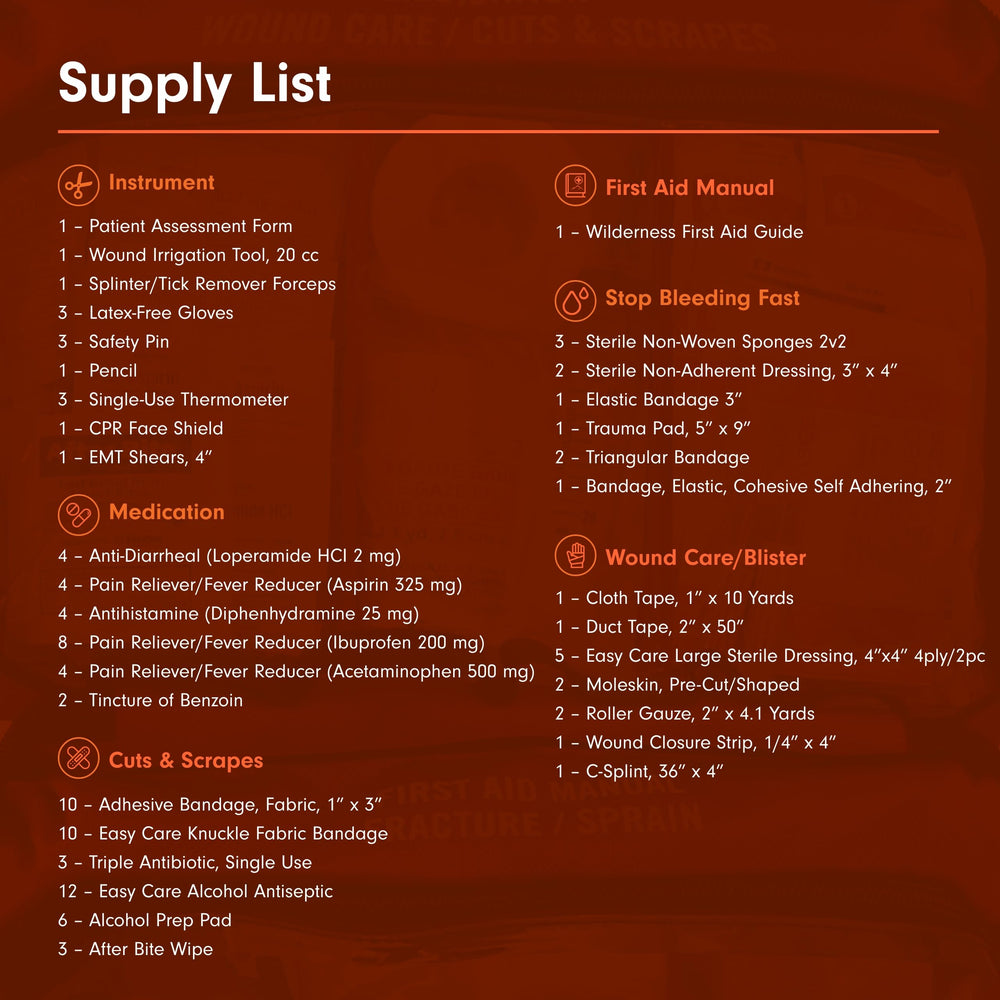 Bandages and instruments inside Sportsman 400 illustrate essential medical gear for outdoor trips.