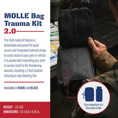 Adventure Medical Molle Bag Trauma Kit 2.0 side view illustrates compact profile for backpacks.