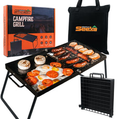 Adventure Seeka Campfire 24in heavy-duty folding grill over fire for direct cooking versatility.