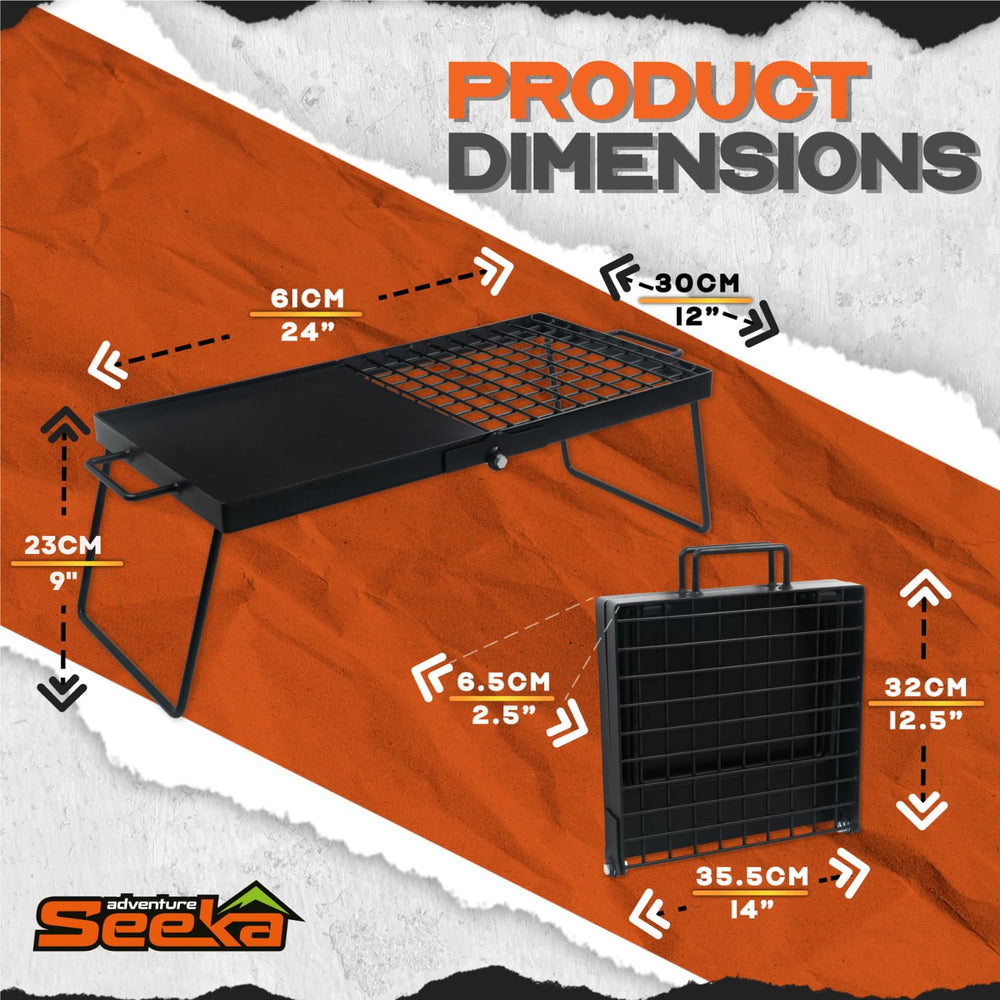 Adventure Seeka Campfire 24in heavy steel grate close-up highlights rugged cooking surface.