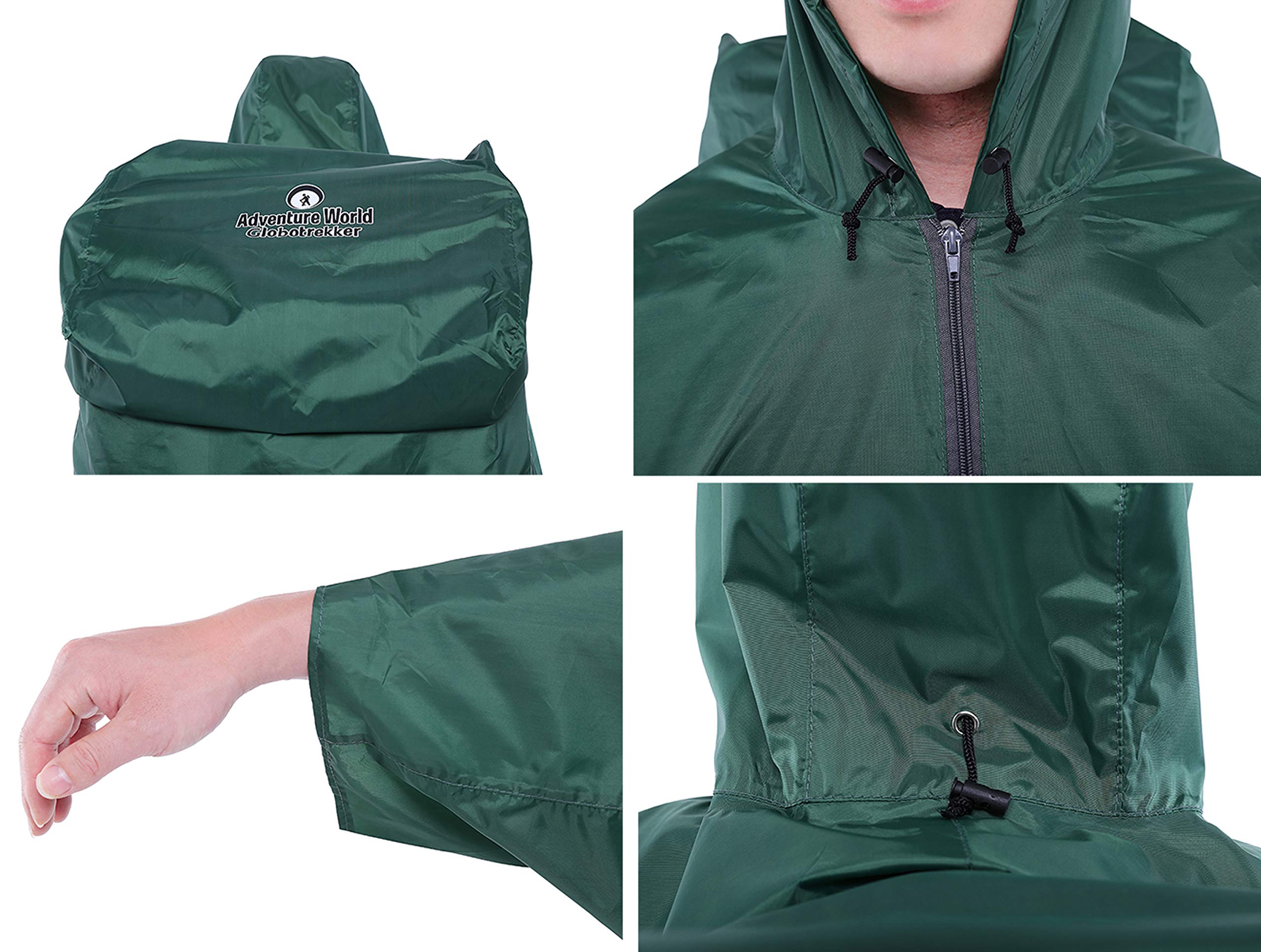 Adventure World Globotrekker poncho worn with backpack to stay dry while moving