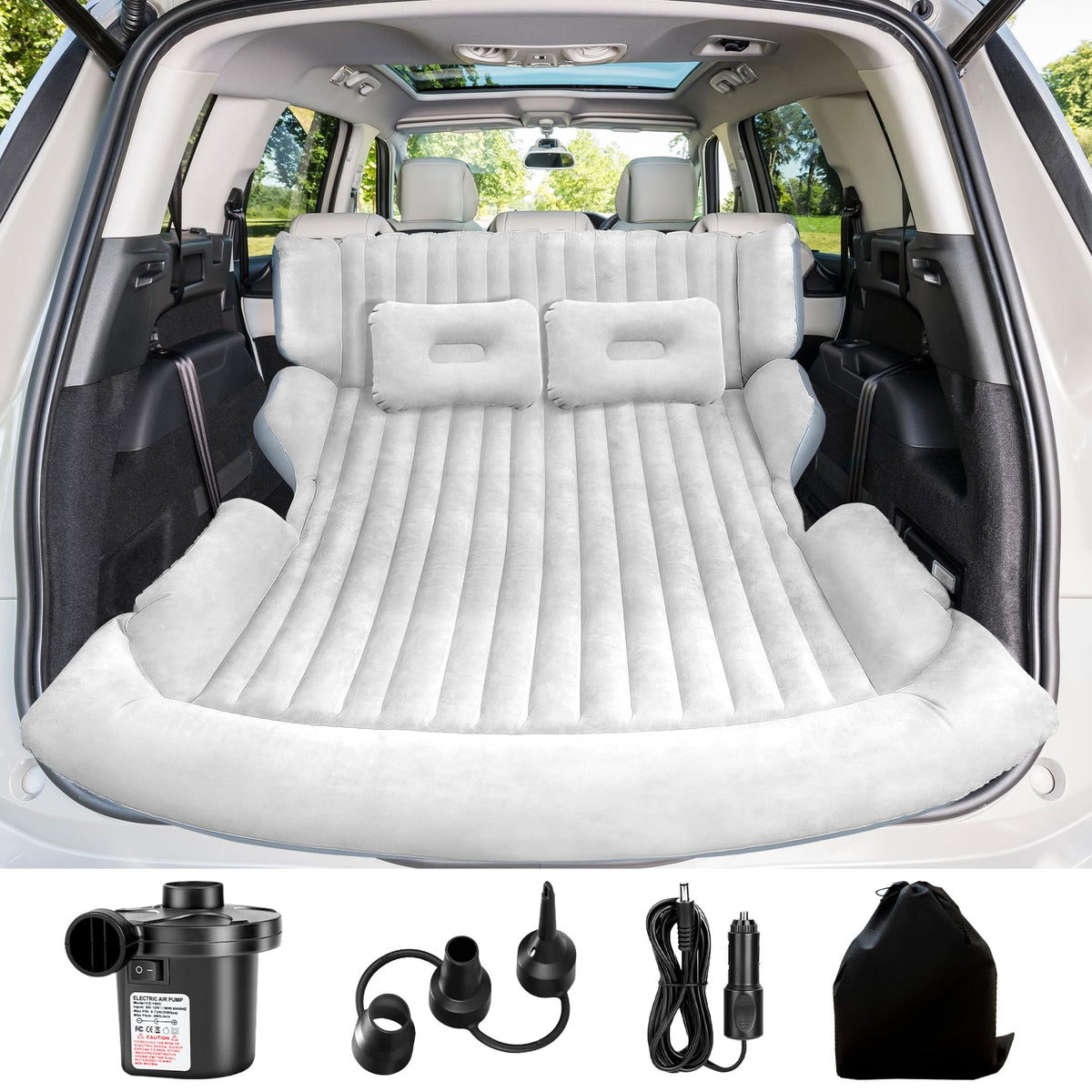 AearKing SUV air mattress inflated in the backseat for road-trip comfort
