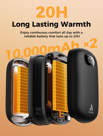 Aecooly hand warmers two-pack in use showing warm palms during chilly outdoor activities.