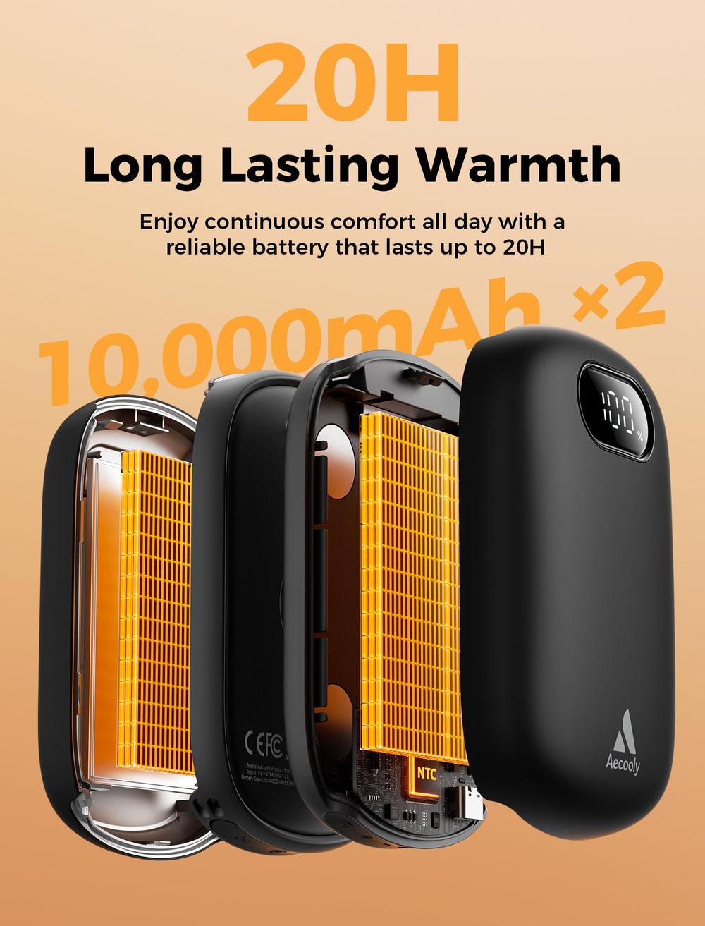 Aecooly hand warmers two-pack in use showing warm palms during chilly outdoor activities.