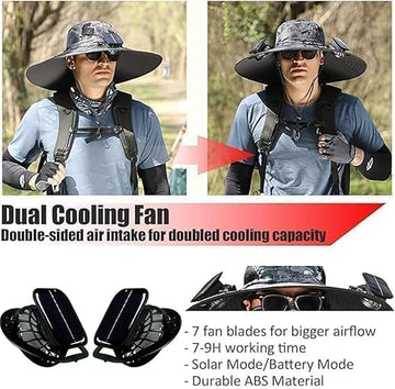 AEDNX fishing hat with solar-powered dual fans for outdoor cooling