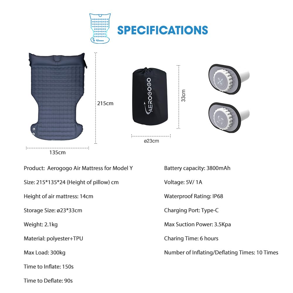 Aerogogo Tesla Model Y Mattress inflation with one button enables quick setup.