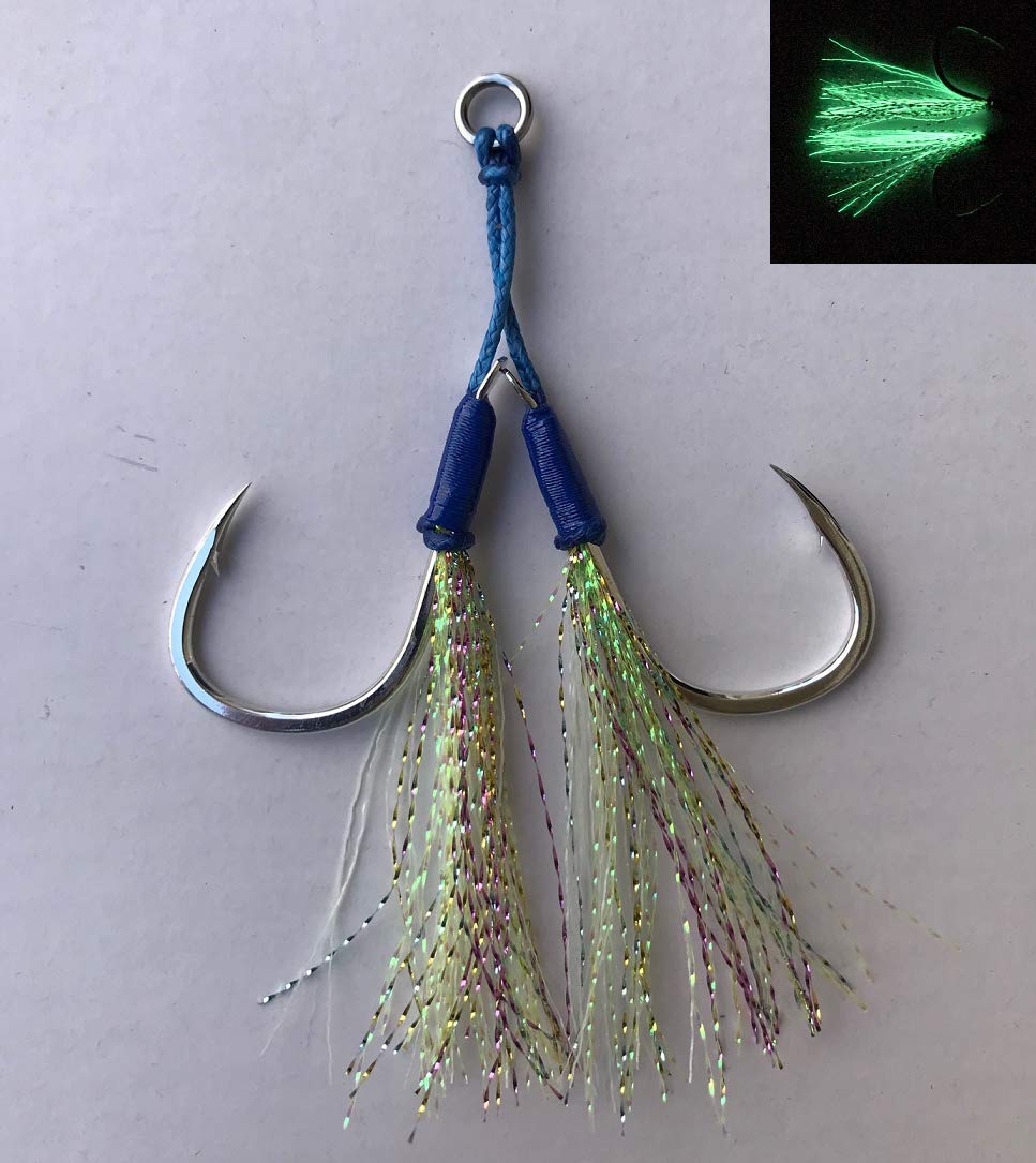 Affordable glow assist hook 5/0 glows in the dark to attract offshore fish.