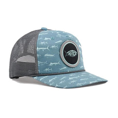 AFTCO Big 3 Trucker Hat fabric texture emphasizing durability and recycled material.