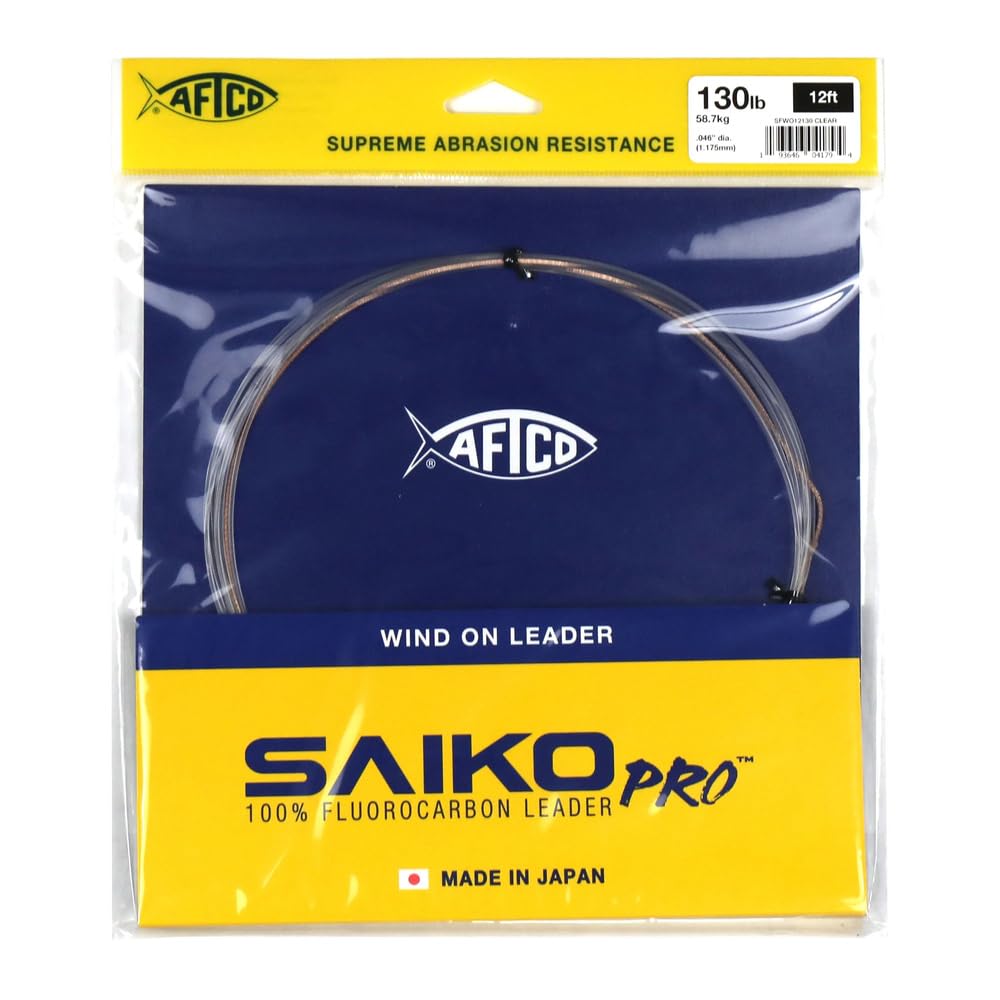 Aftco Saiko Wind On 80lb 15ft leader packaging highlights premium fluorocarbon for anglers.