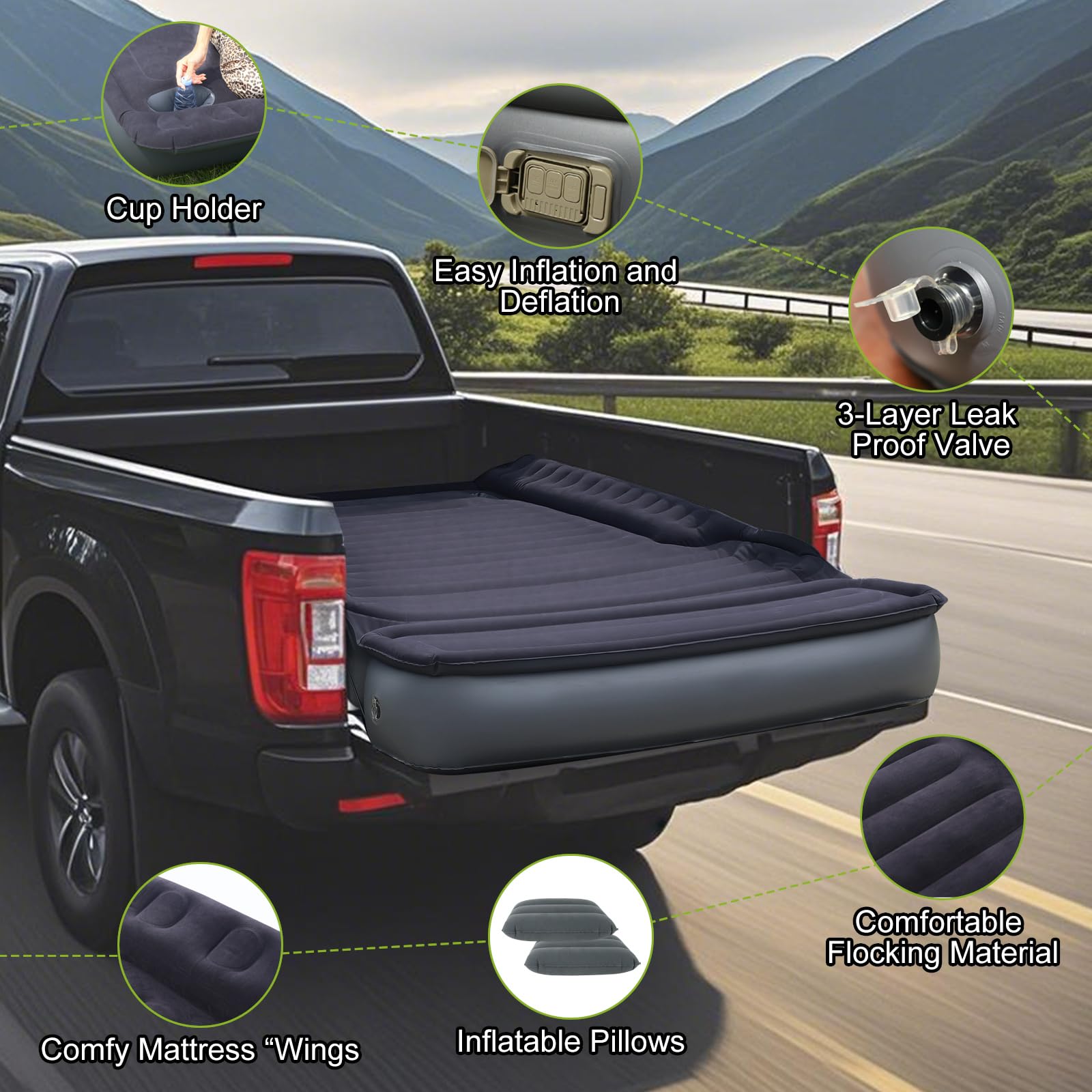 Afurkuot truck bed air mattress shows cup holders for secure beverages