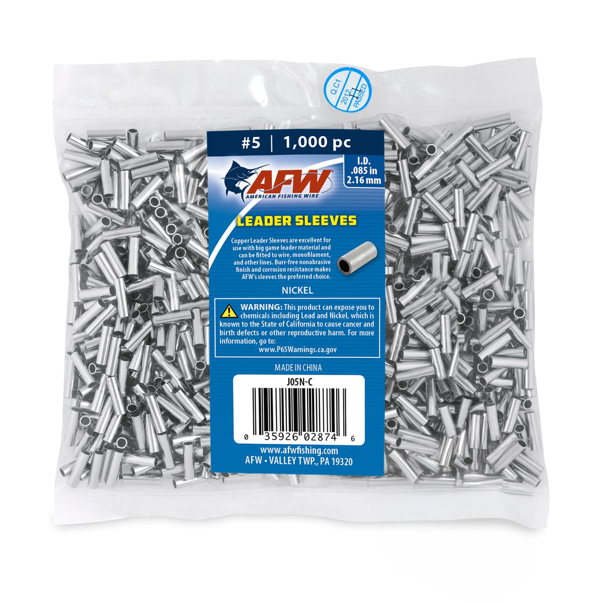 AFW crimp sleeve closeup shows nickel finish for secure fishing leaders