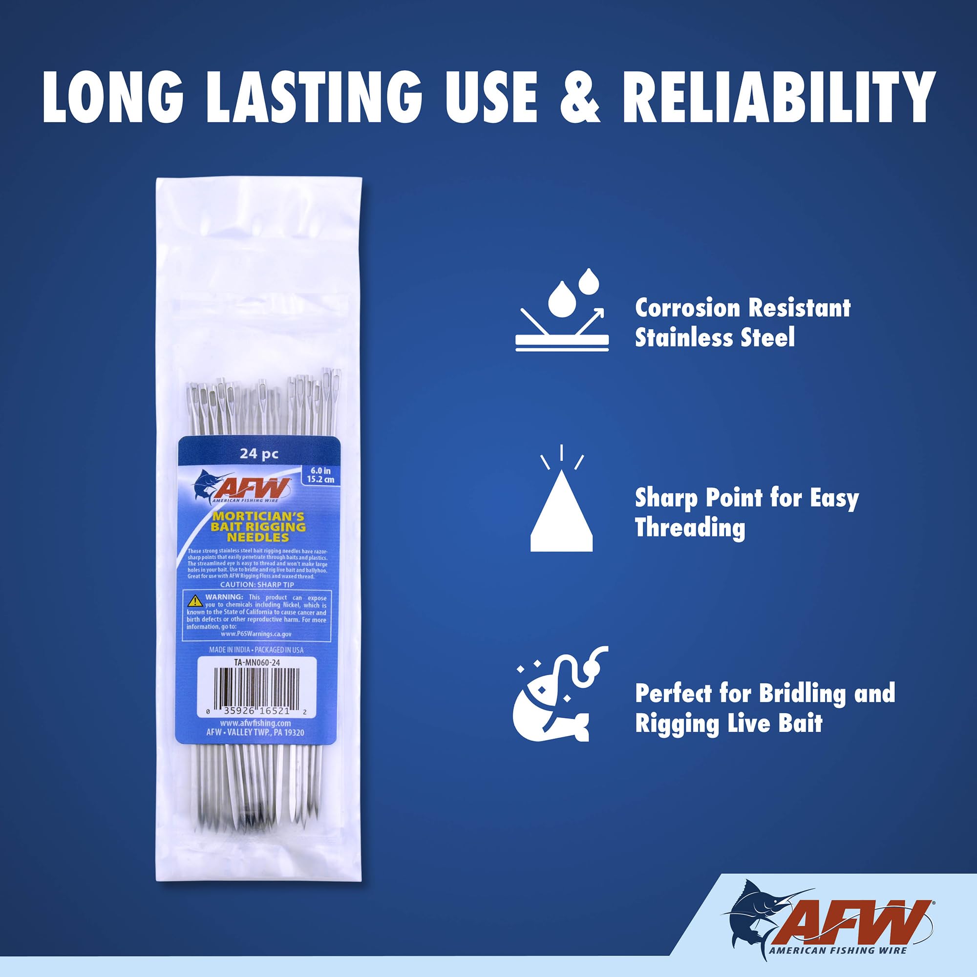 AFW Bait Sewing Needle cone-tip design for smooth rigging with floss.