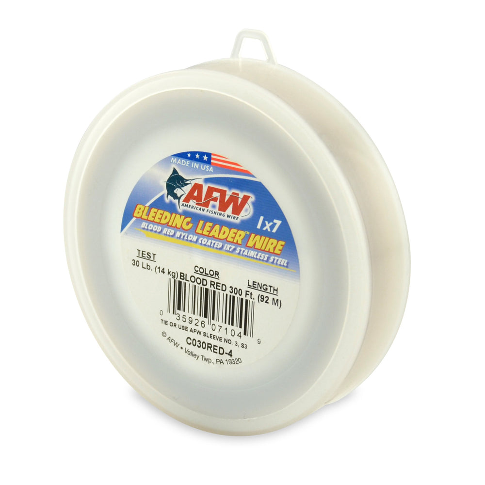 AFW bleeding leader wire with blood-red nylon coating attracts toothy fish in topwater conditions.
