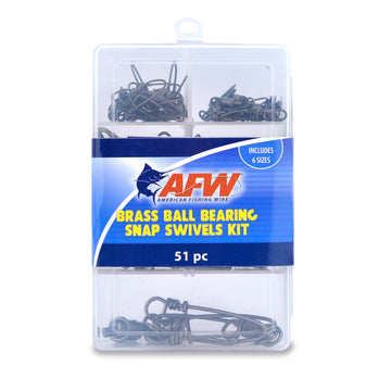 AFW brass ball bearing snap swivels with welded rings, black, stored in a sturdy organizer.