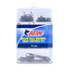 AFW brass ball bearing snap swivels with welded rings, black, stored in a sturdy organizer.