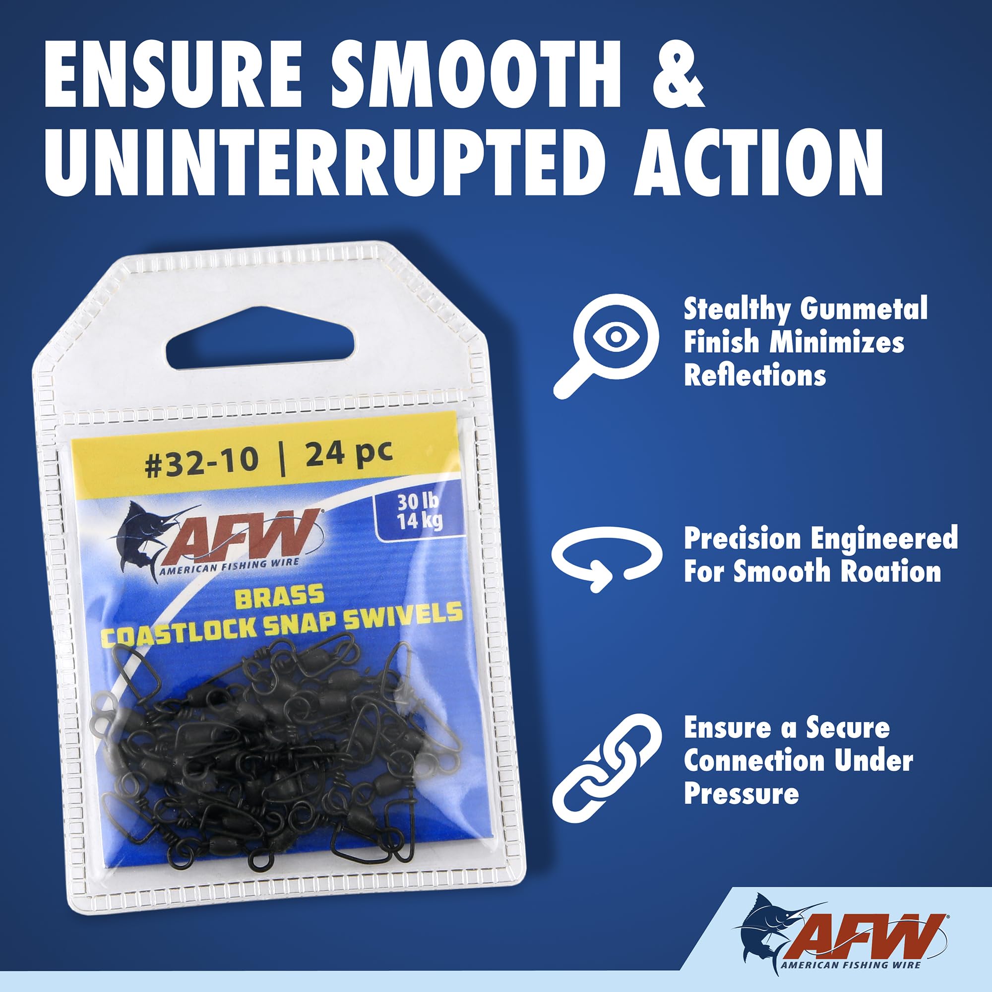 AFW Coastlock snap swivels showcase a quick-change feature for secure, effortless hook changes.