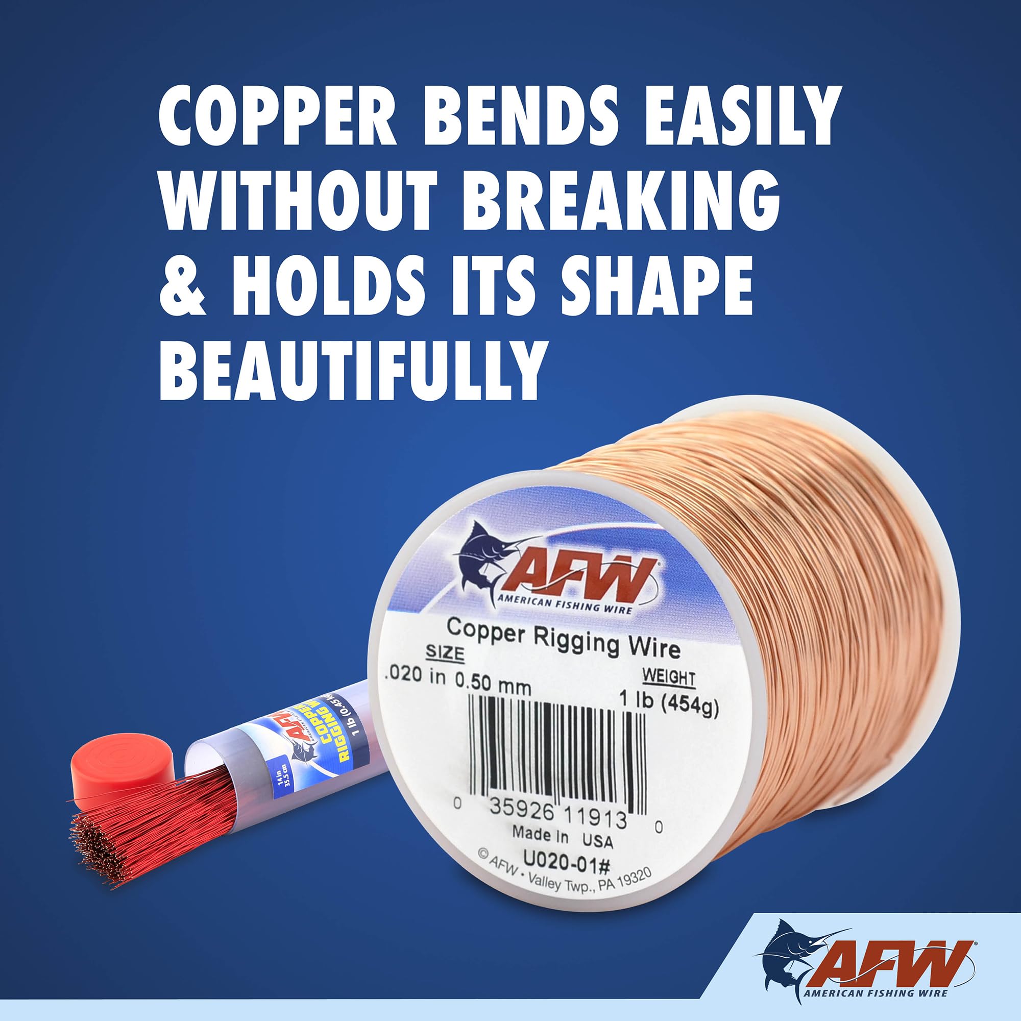 AFW copper rigging wire 0.028in close-up highlights bendability for rigs