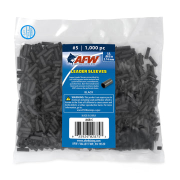 AFW crimp sleeve packaging shows 1,000 black sleeves for quick tackle setups.