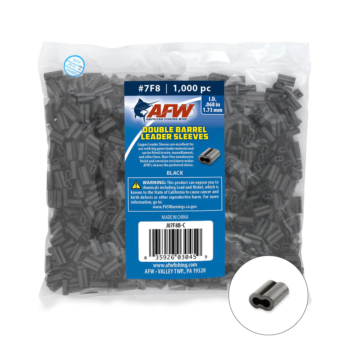AFW double-barrel crimp sleeve black 7F8 closeup for strong line connections