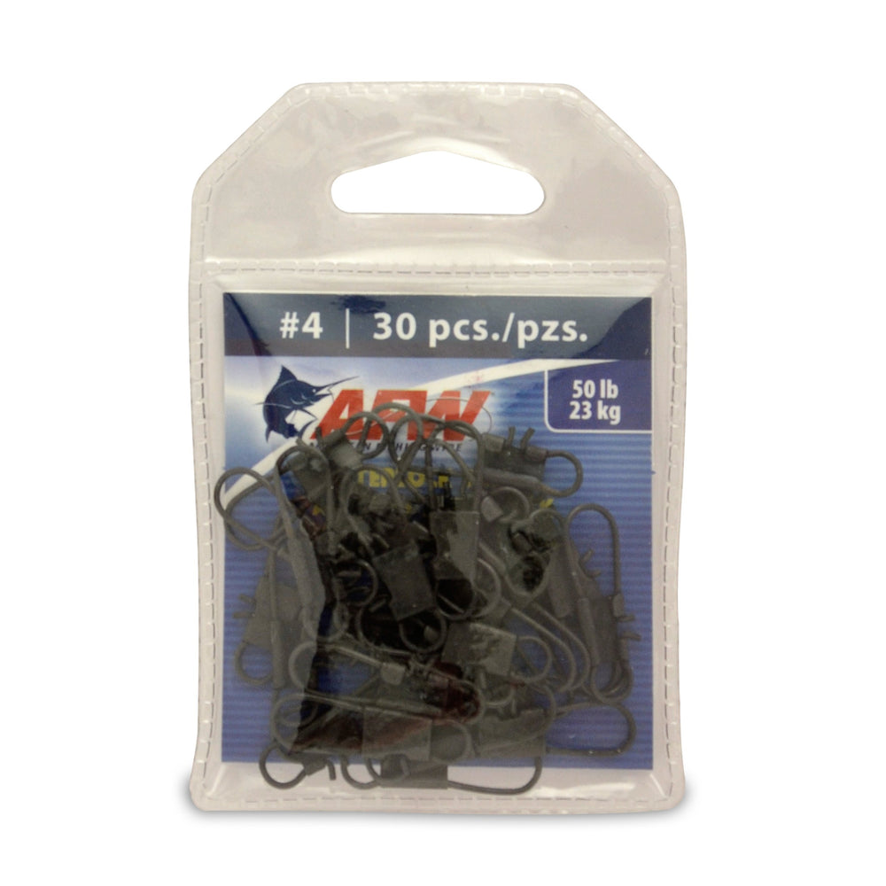 AFW Interlock Snap in black size 4 for 50 lb tests, secure rigging on leaders.