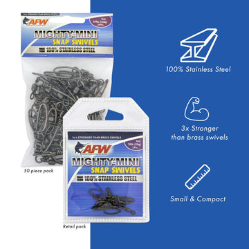 AFW Mighty Mini snap swivel, stainless steel, 450 lb test, smooth rotating connection.