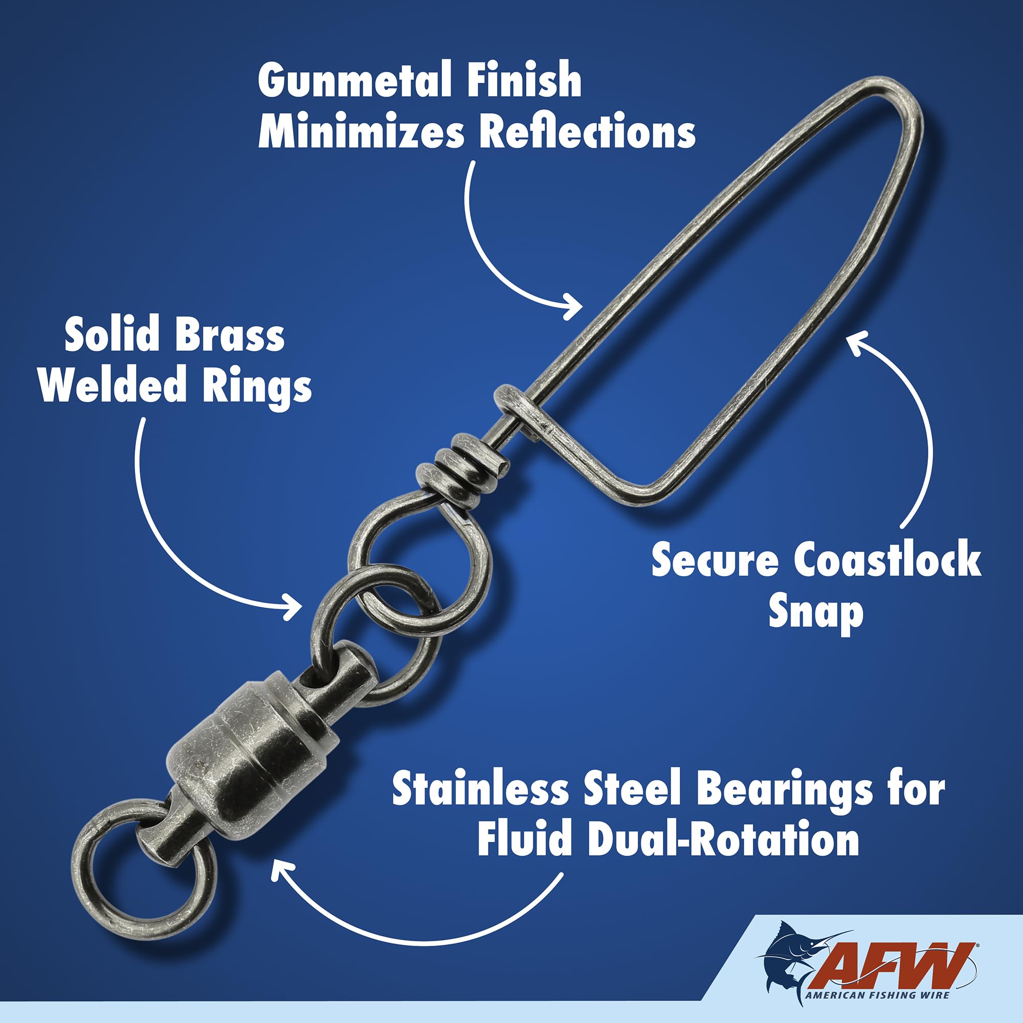 AFW solid brass ball bearing snap swivel gunmetal-finish minimizes reflections for stealthy presentations