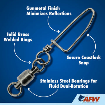 AFW solid brass ball bearing snap swivel gunmetal-finish minimizes reflections for stealthy presentations