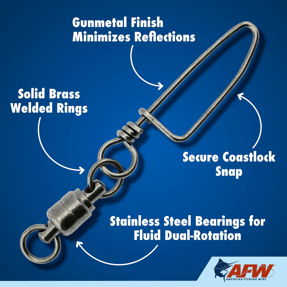 AFW solid brass ball bearing snap swivel gunmetal-finish minimizes reflections for stealthy presentations
