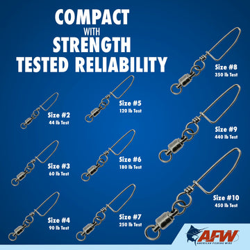 AFW solid brass ball bearing snap swivel welded-rings provide secure connections for big-game fights