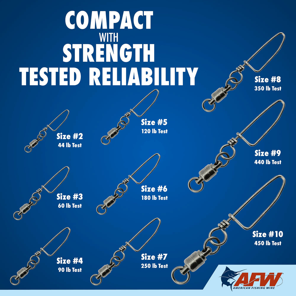 AFW solid brass ball bearing snap swivel welded-rings provide secure connections for big-game fights