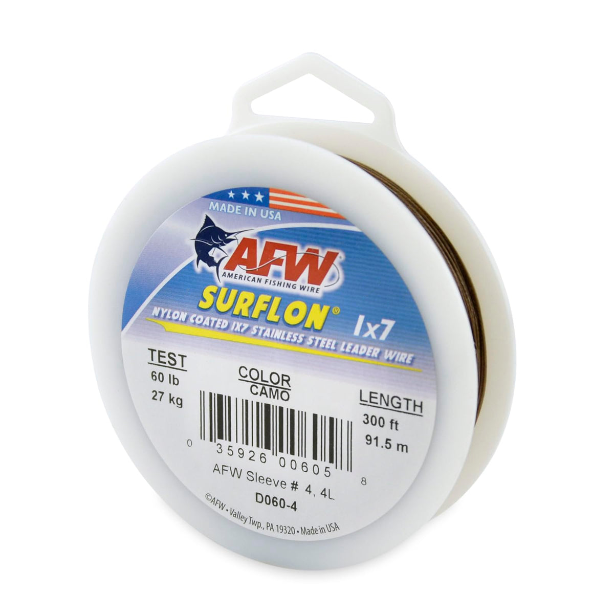 AFW Surflon camo leader wire shows 60 lb test and 0.032 inch diameter for saltwater use.
