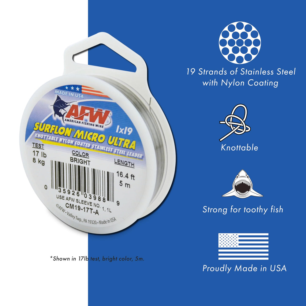 AFW Surflon Micro Supreme 7x7 stainless wire close-up highlights strength and kink resistance.