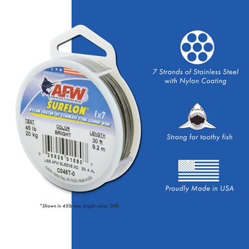 AFW Surflon nylon-coated leader wire 30 lb test demonstrates strength on the spool.