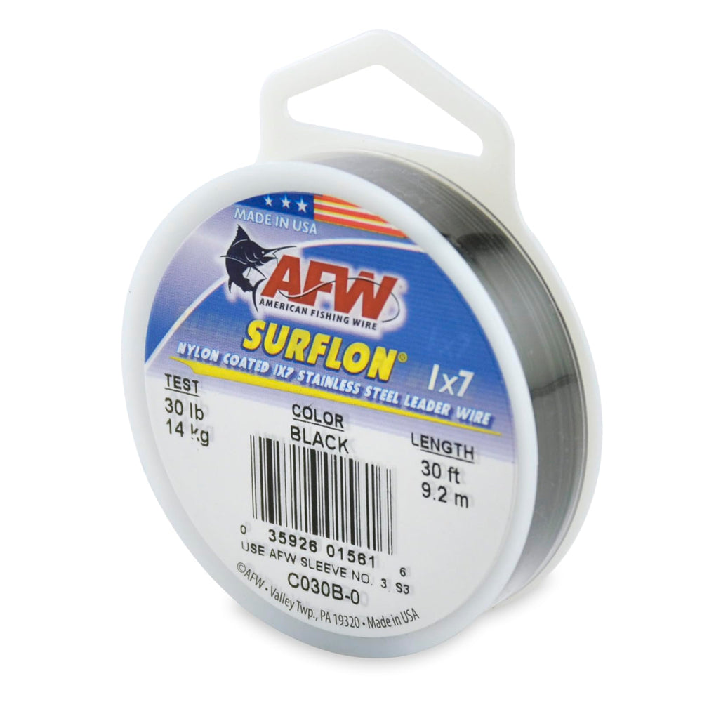 AFW Surflon nylon-coated leader wire spool close-up showing durable coating for saltwater use.