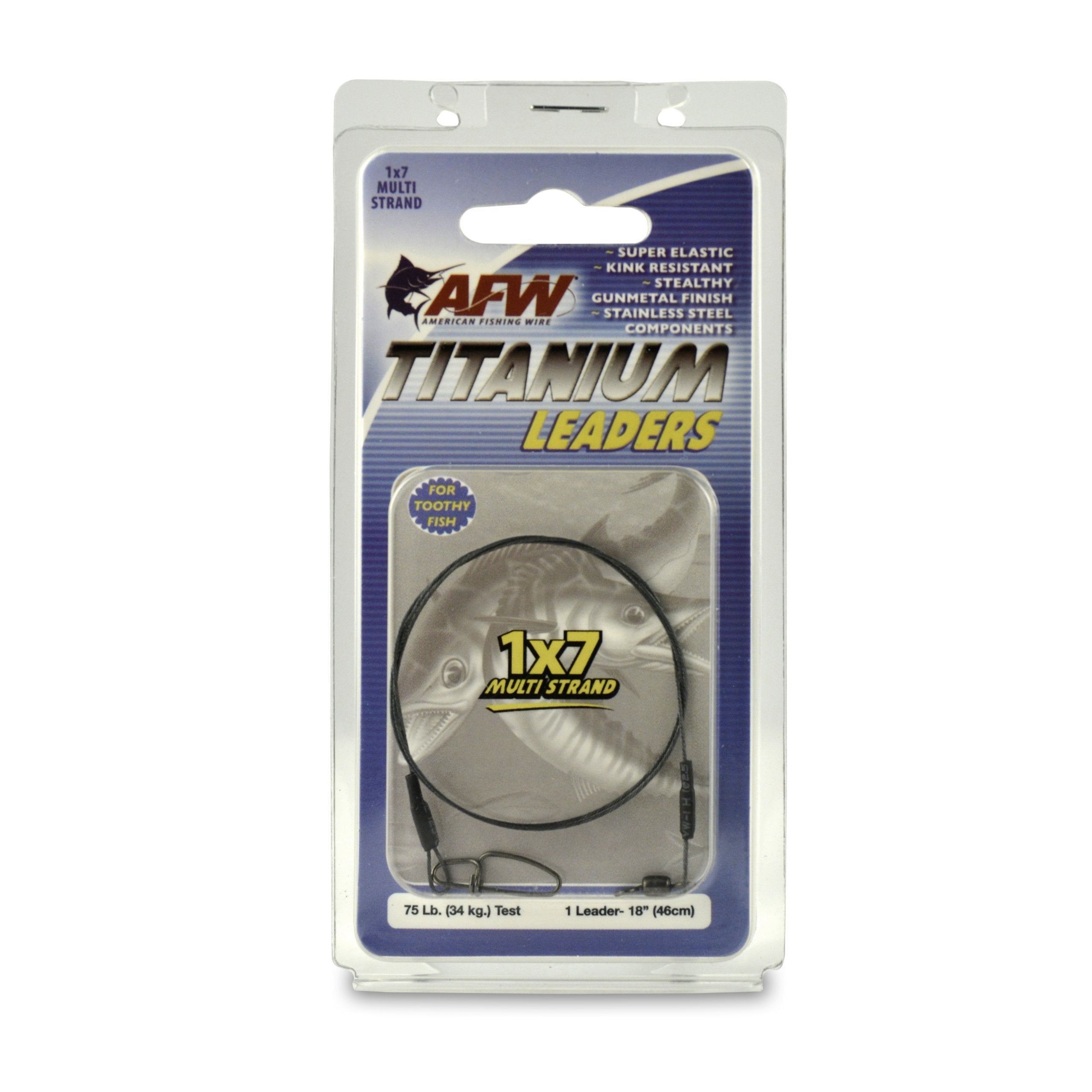 AFW Titanium Surfstrand 75lb 18in leader close-up showing kink resistance for big game fishing.