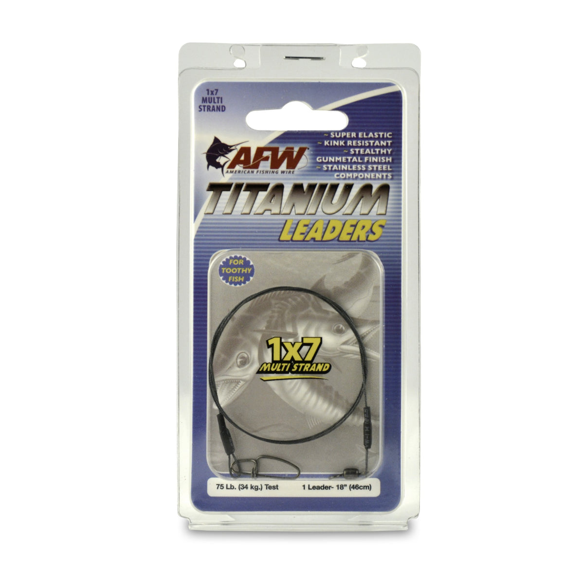 AFW Titanium Surfstrand 75lb 18in leader close-up showing kink resistance for big game fishing.