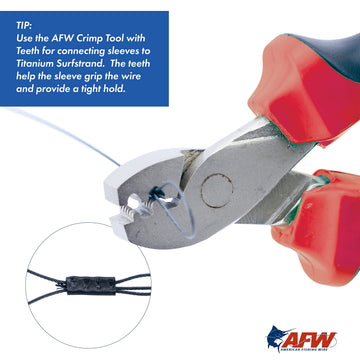 AFW Titanium Surfstrand with crimp tool attachment detail for secure sleeves.