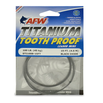 AFW Titanium Tooth Proof leader wire spool demonstrating 100 lb strength for big-game fishing.
