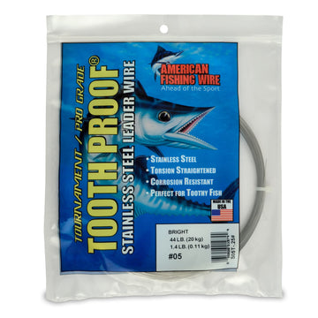 AFW tooth-proof leader wire 44lb on bright spool for bite resistance demonstration.