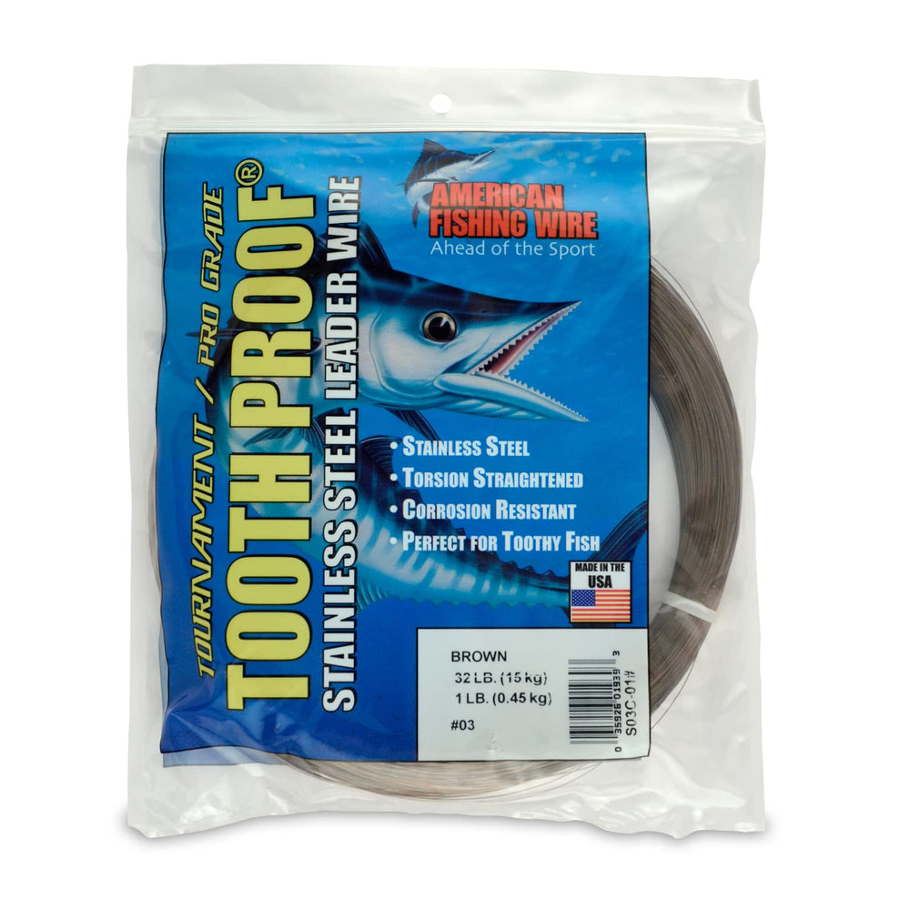 AFW Tooth Proof stainless leader in camouflage protects lures from toothy fish at 32 lb test.