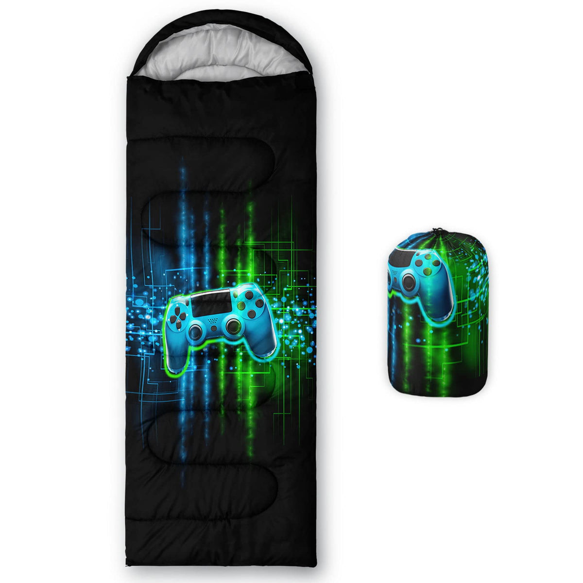 AGANS Datura kids sleeping bag front view showcases gamepad print, ideal for family camping.