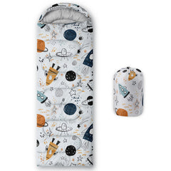 AGANS Datura kids sleeping bag with spaceship print, front view for cozy camping warmth