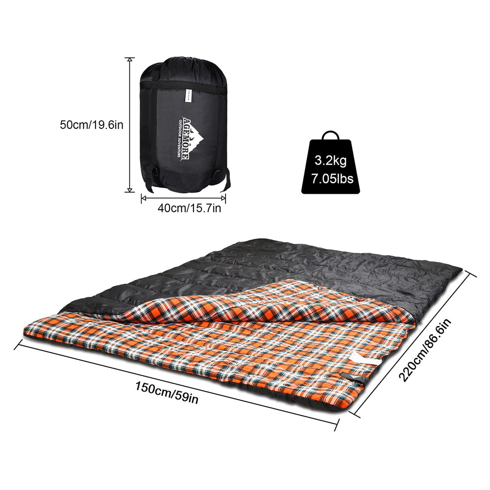 AGEMORE camping scene with two-in-use sleeping bag highlighting roomy comfort
