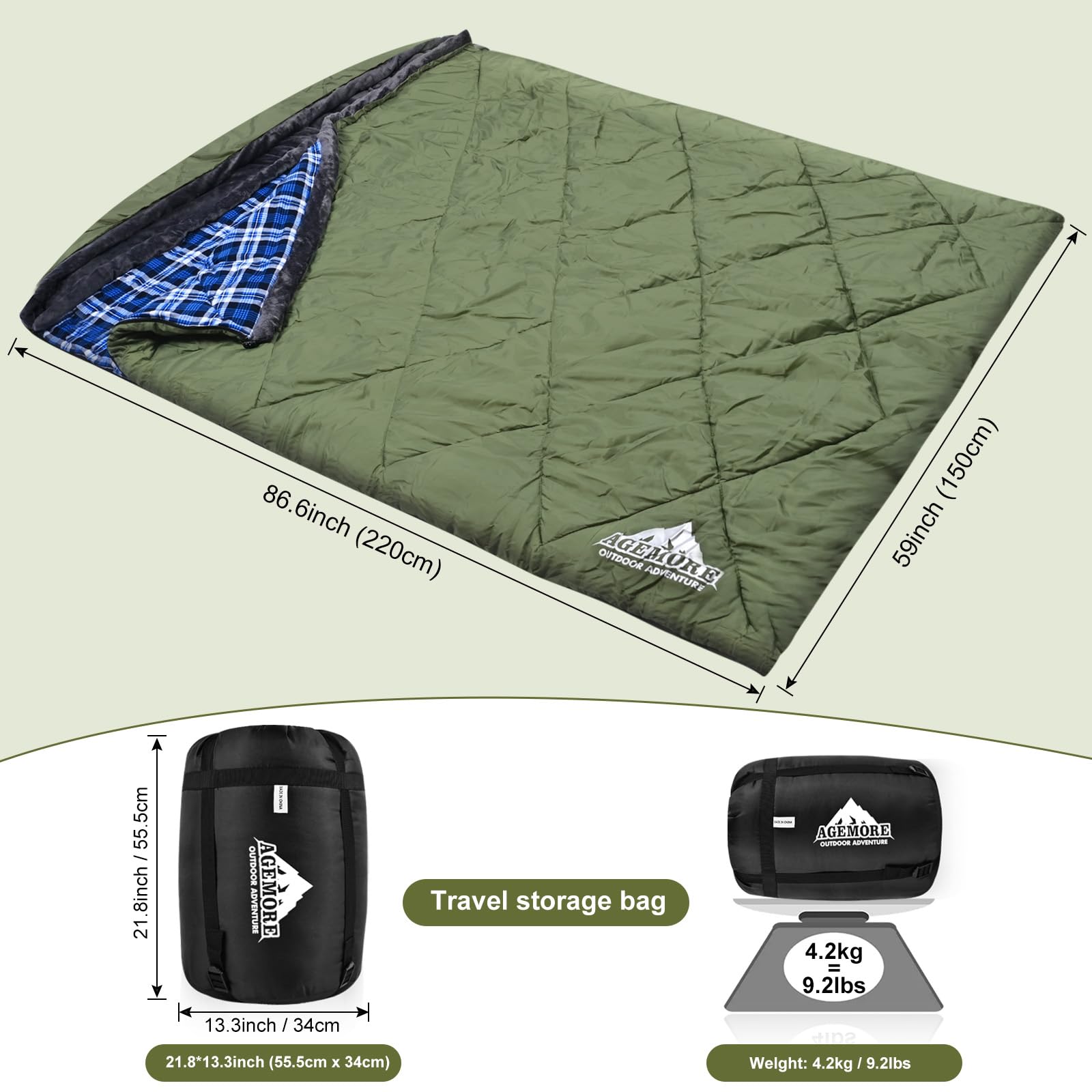 AGEMORE Camping scene illustrates two-person warmth in a cold-weather outdoor setting.